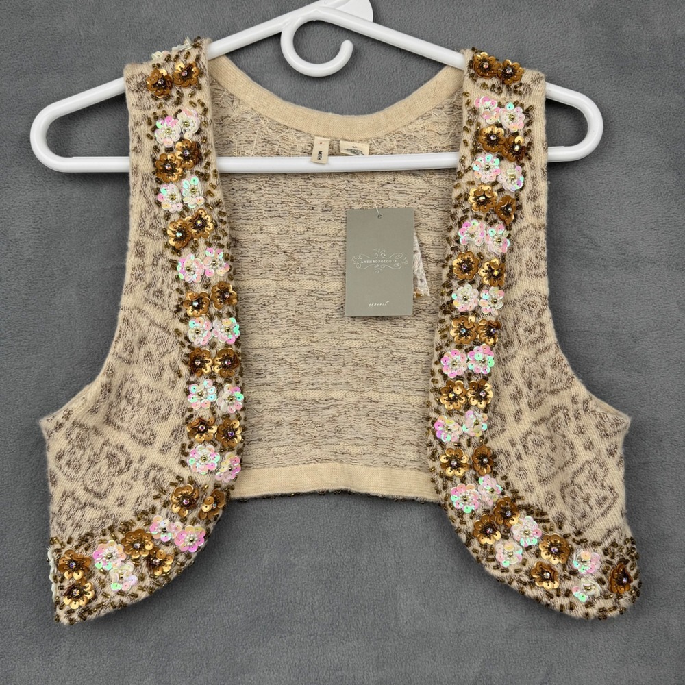 Moth Anthropologie Embellished‎ Beaded Flower Wool Blend Knit Vest SP NWT